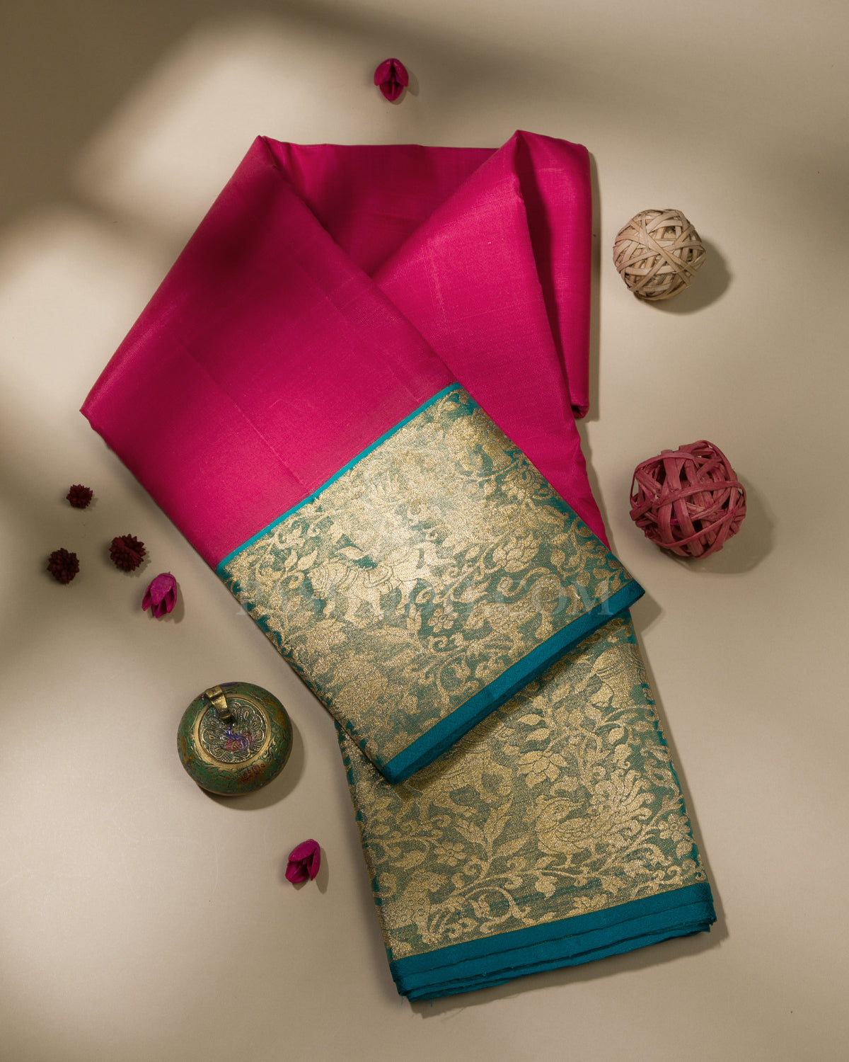 Rouge Pink & Ananda Blue Kanjivaram Silk Saree - S1036(A) – Pashudh Sarees