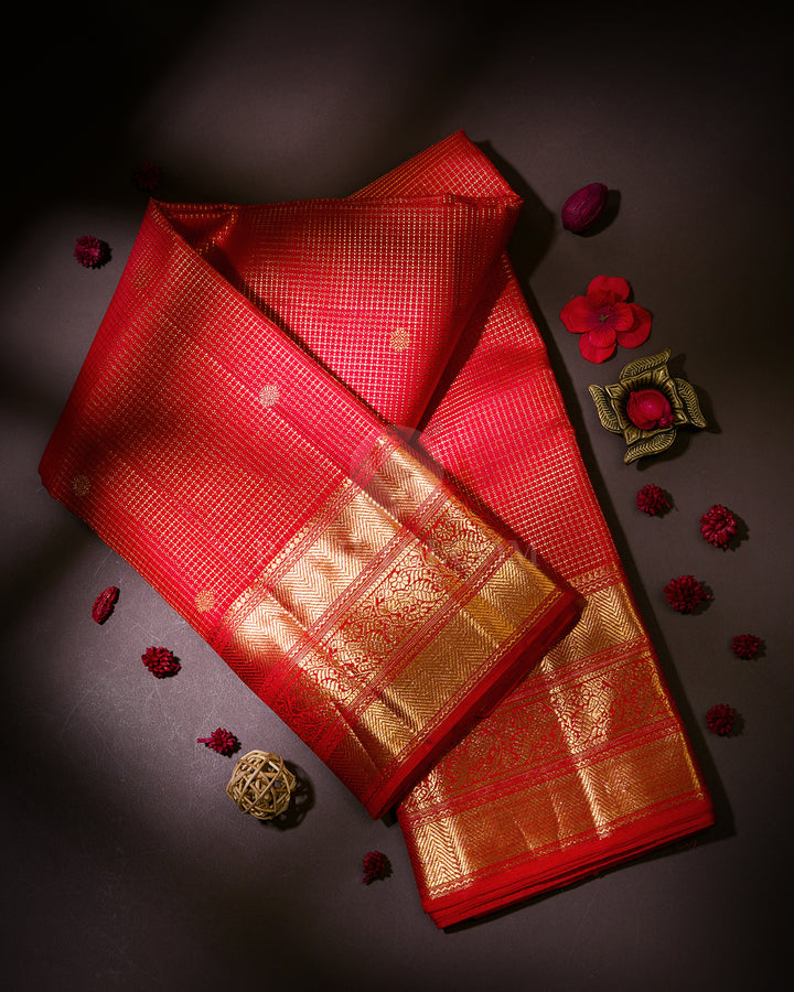Brick Red and Green Kanjivaram silk Saree - S920