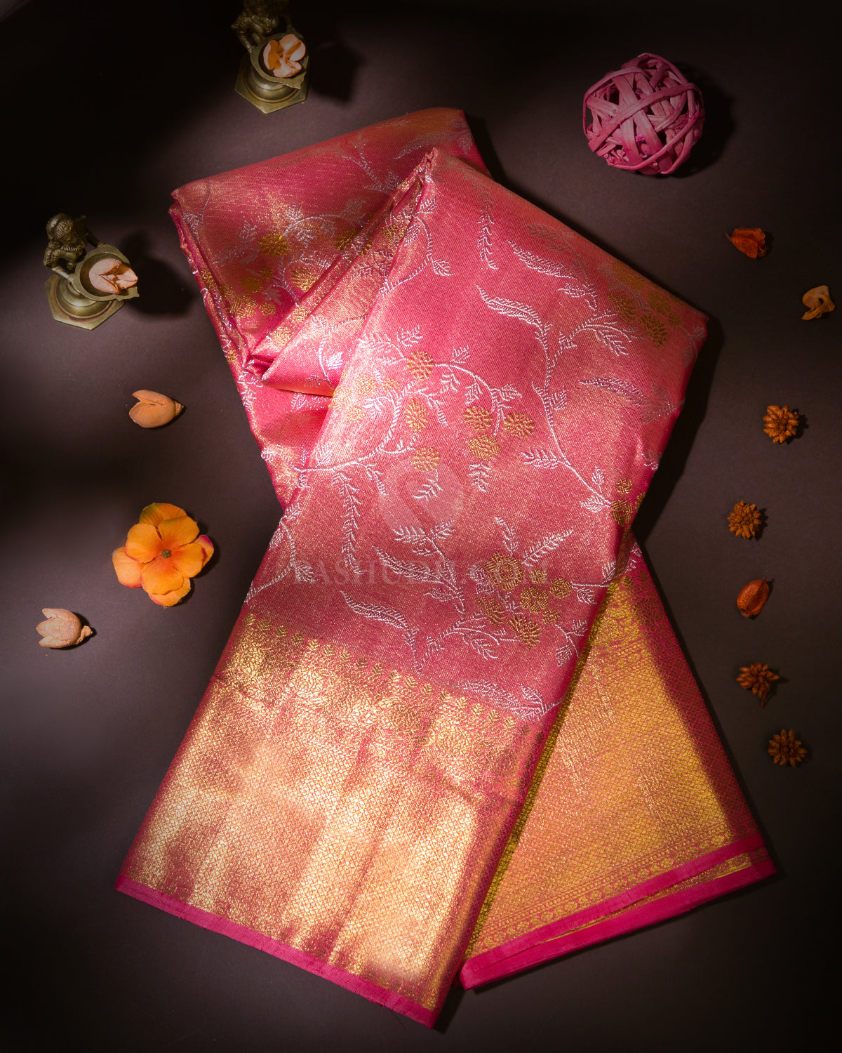 Bright Pink Pure Zari Tissue Kanjivaram Silk Saree - S819 -View 1