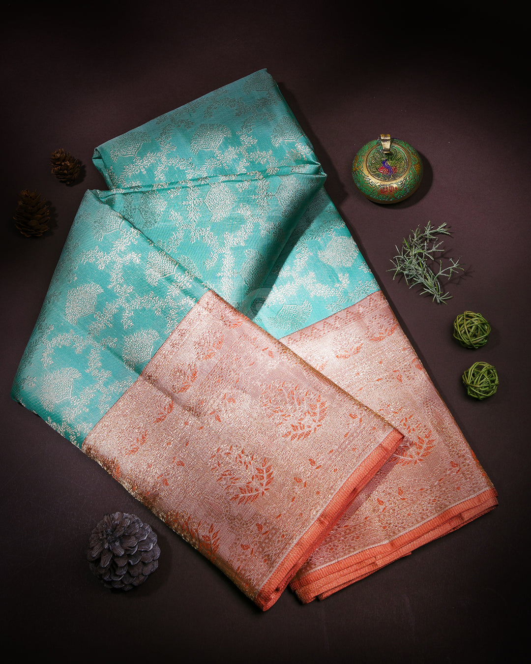 Sky Blue & Peach Shot Cream Kanjivaram Silk Saree - S883 - View 1