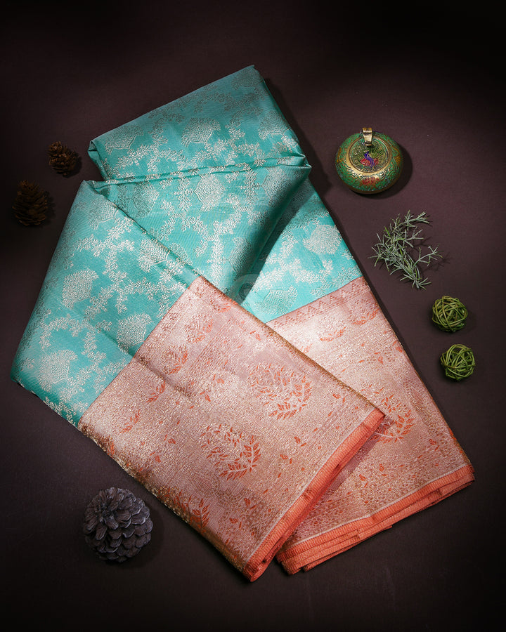 Sky Blue & Peach Shot Cream Kanjivaram Silk Saree - S883 - View 1