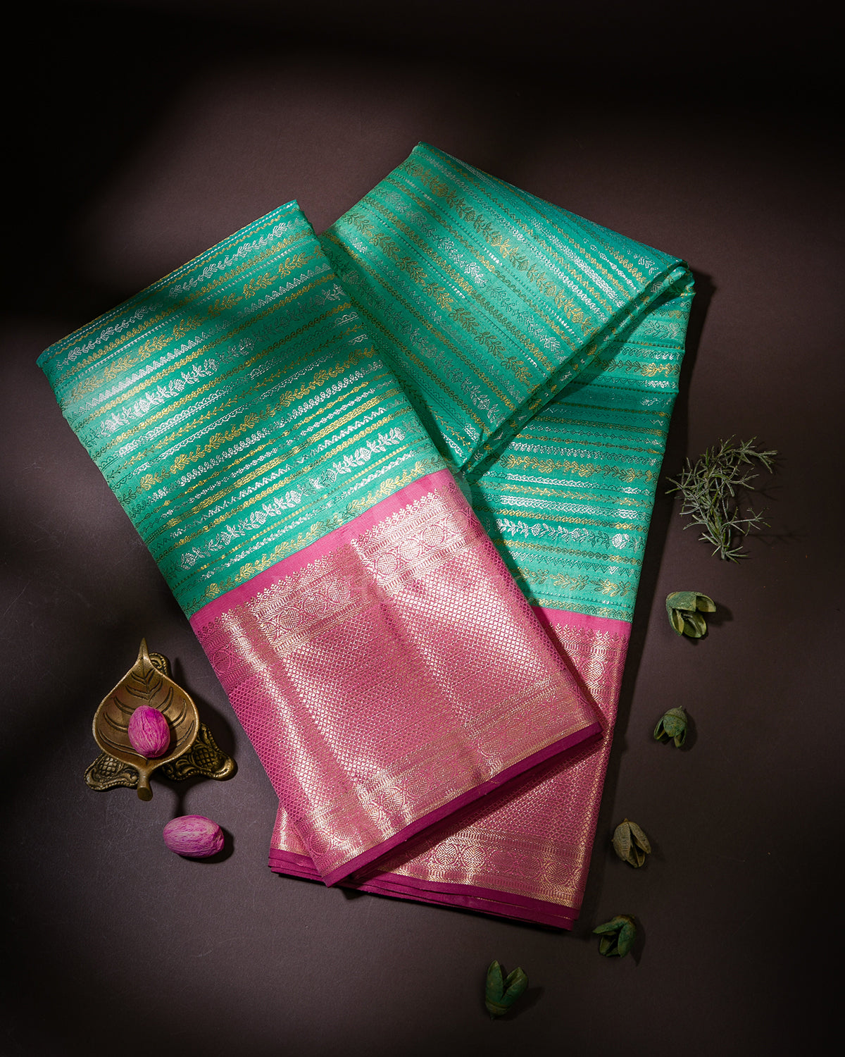 Sea Green and  Baby Pink Kanjivaram Silk Saree - S921