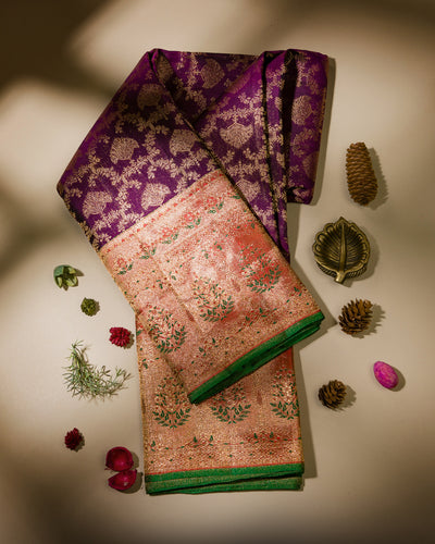 Violet and Red Kanjivaram Silk Saree with Tissue Border - S925