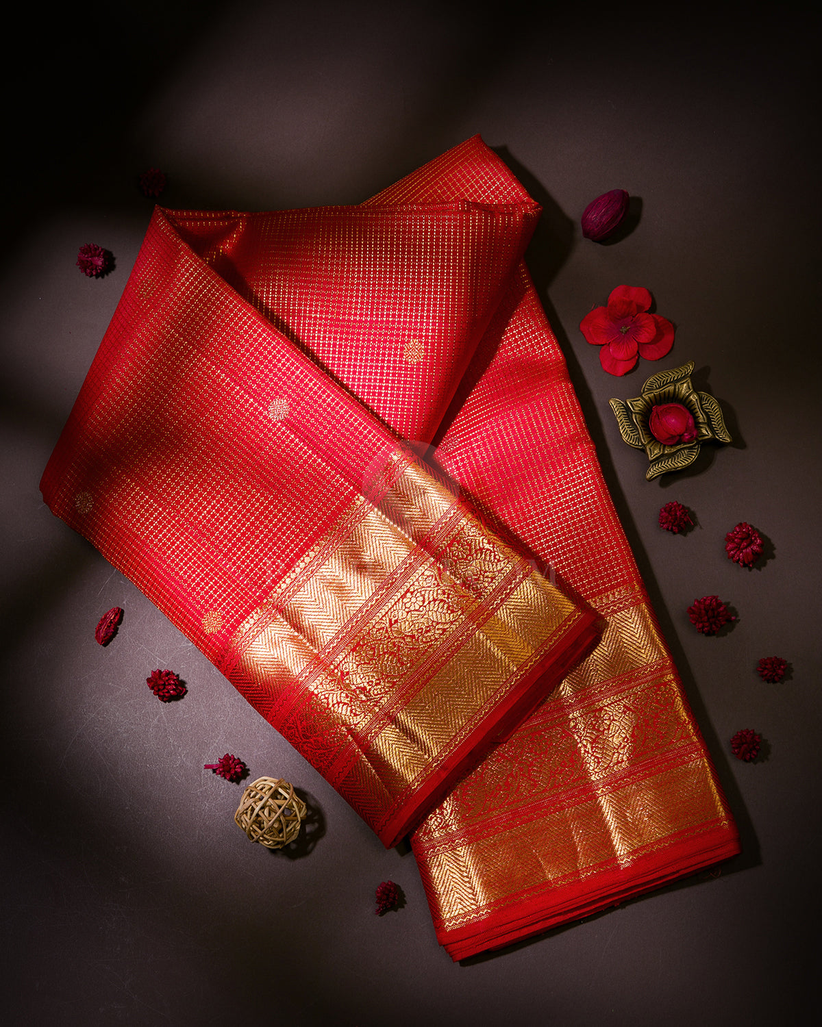 Brick Red and Green Kanjivaram silk Saree - S920