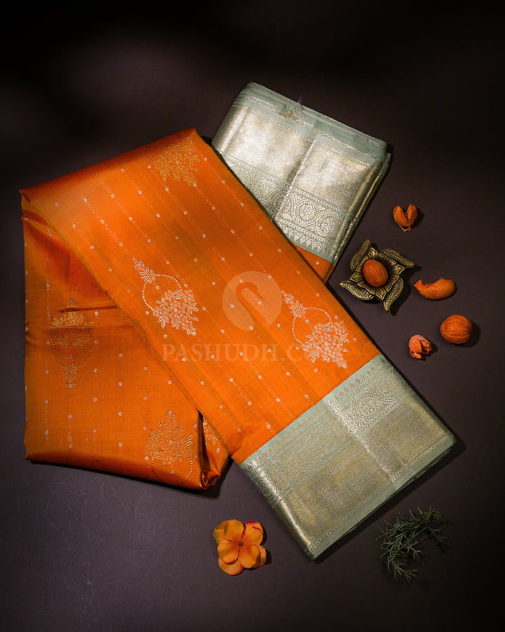 Orange and Mild Sage Green Kanjivaram Silk Saree - S934