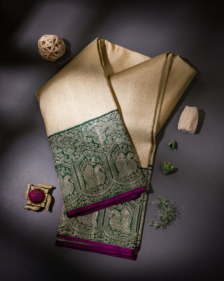 Cream and Forest Green Kanjivaram Silk Saree - S960