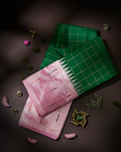 Emerald Green and Baby Pink Kanjivaram Silk Saree - S941