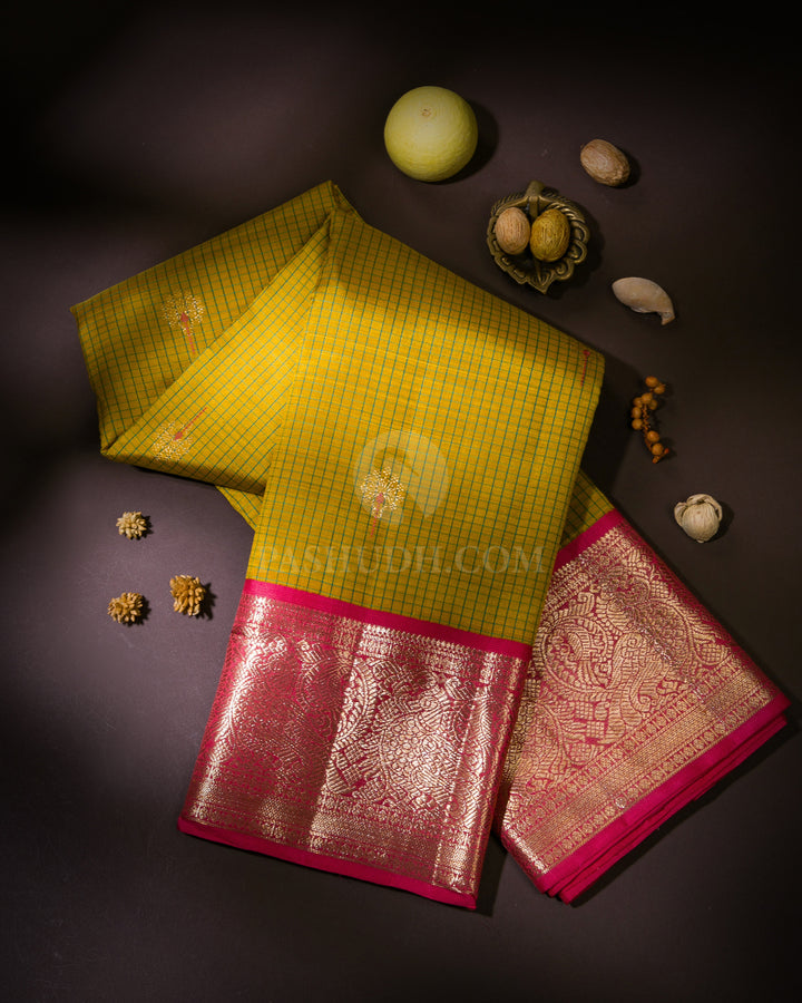 Granola Yellow, Green and  Rouge Pink Kanjivaram Silk Saree - S957