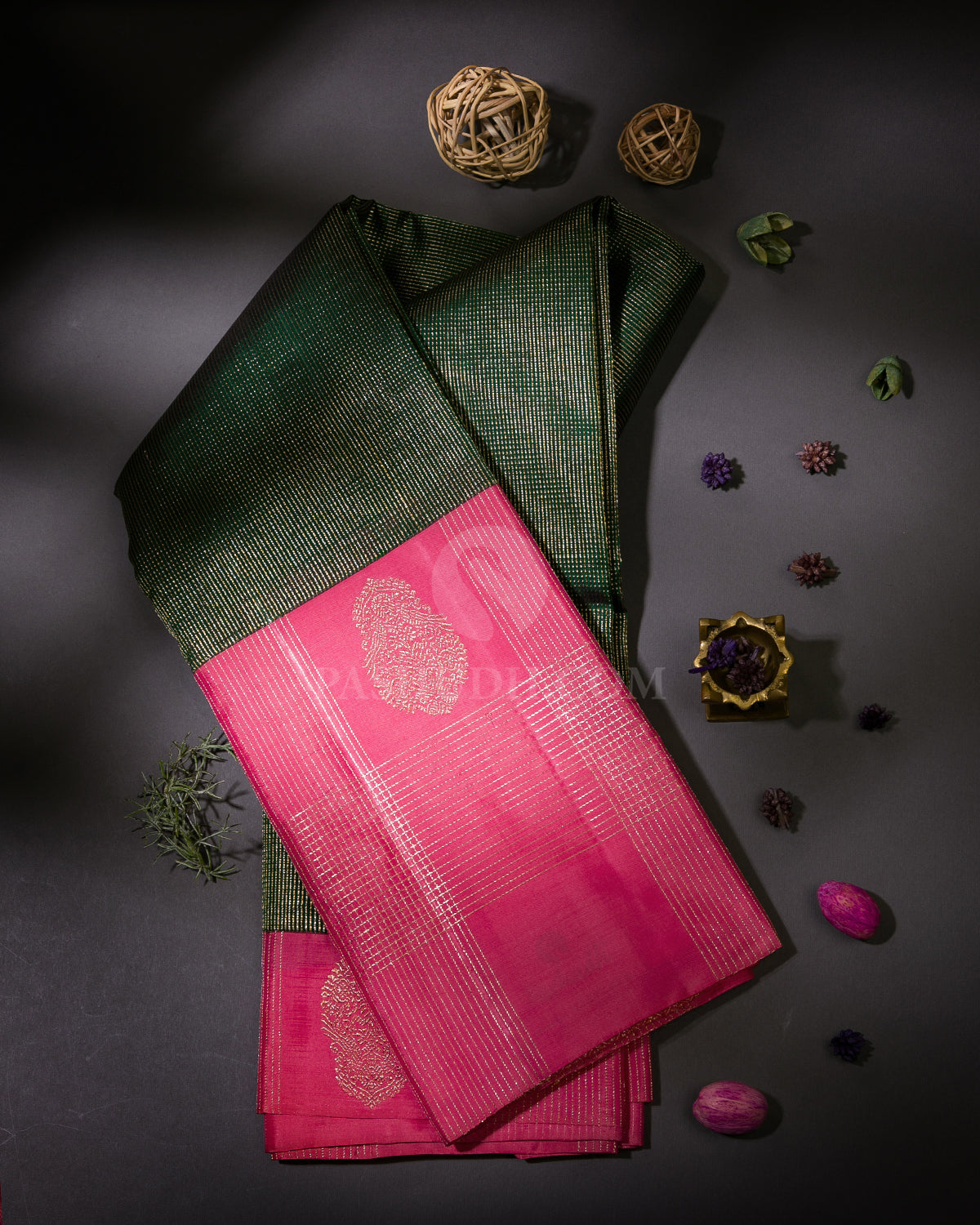 Dark Green and Baby Pink Kanjivaram Silk Saree - S928