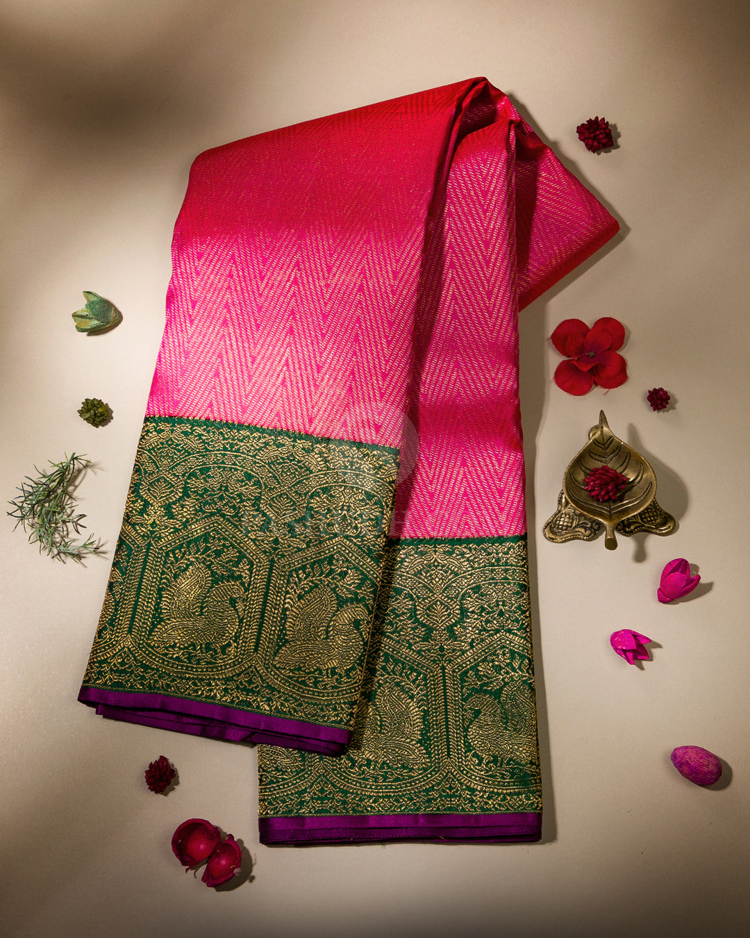 Dark Pink and Green Kanjivaram Silk Saree