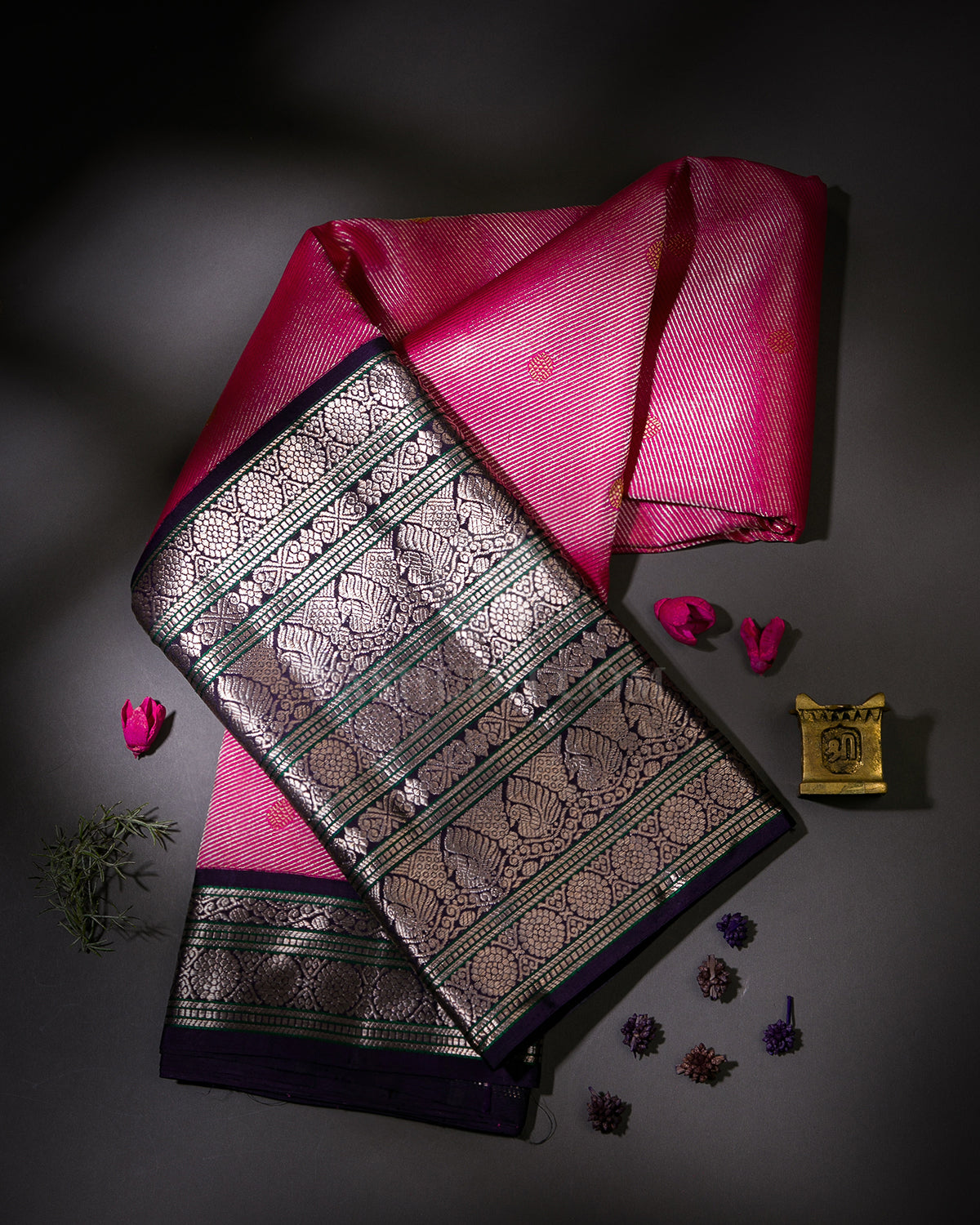 Bright Pink and Aubergine Pure Zari Kanjivaram Silk Saree - P128