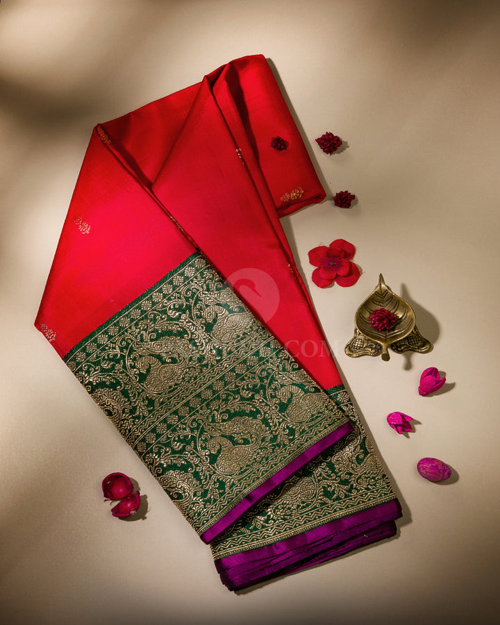 Red and Deep Green Kanjivaram Silk Saree - S933
