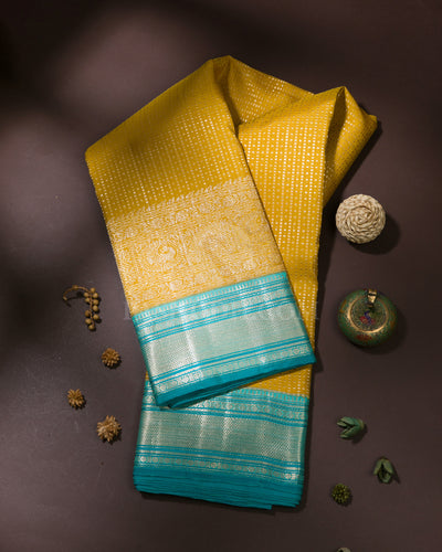 Mustard & Sky Blue Kanjivaram Silk Saree - S1058(A)