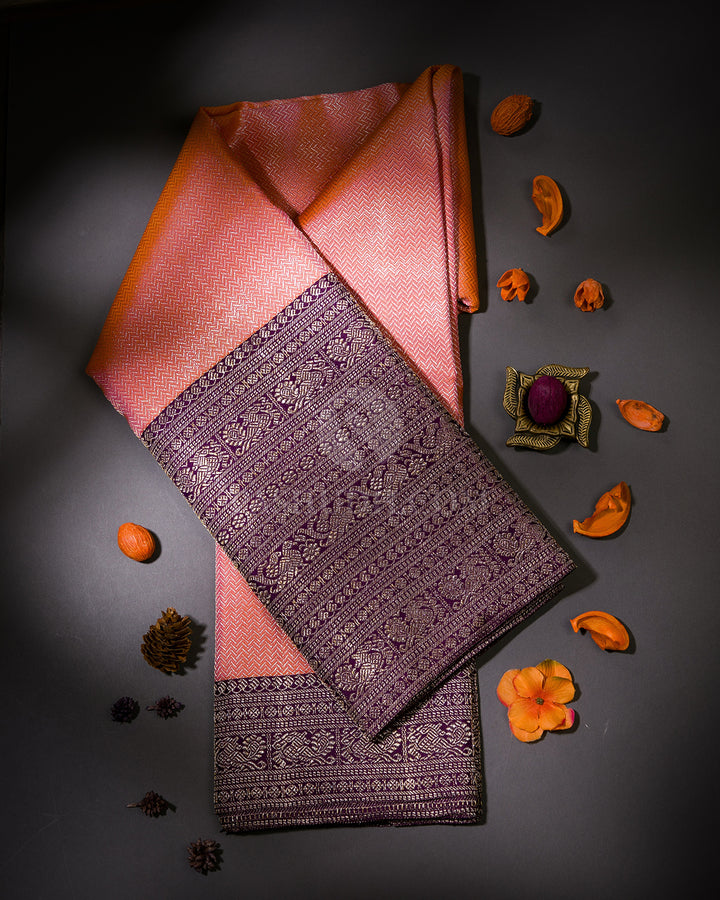 Coral Orange and Purple Kanjivaram Silk Saree - S948
