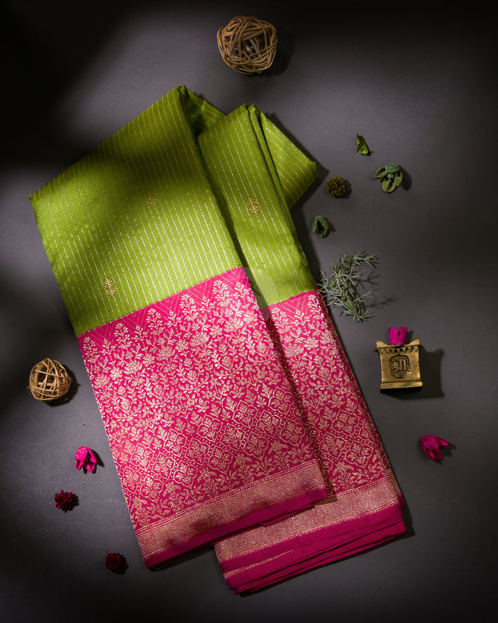 Parrot Green and Bright Pink Kanjivaram Silk Saree - S949