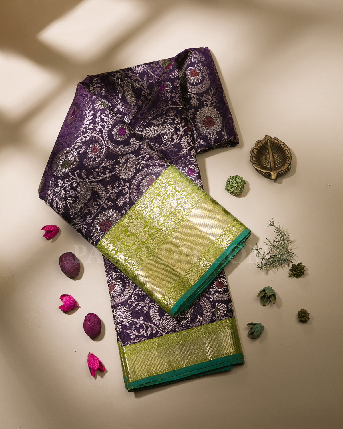 Dark Purple And Parrot Green Kanjivaram Silk Saree - S1197(A)