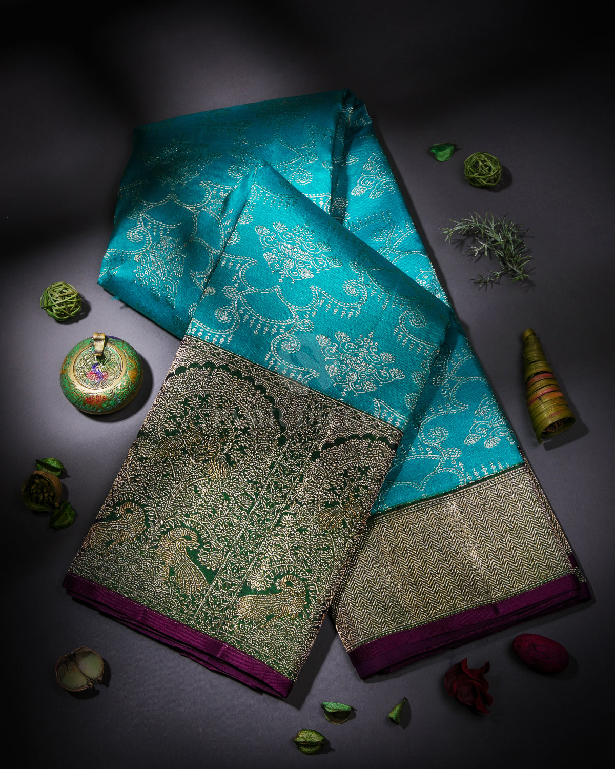 Anandha Blue and Forest Green Kanjivaram Silk Saree - S848 - View 1