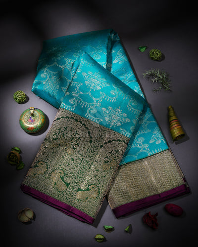 Anandha Blue and Forest Green Kanjivaram Silk Saree - S848 - View 1