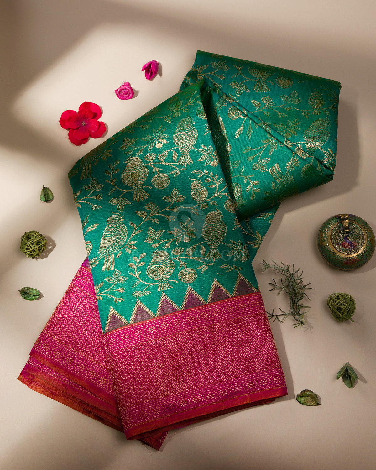 Green and Dark Pink Kanjivaram Silk Saree - S776- View 1