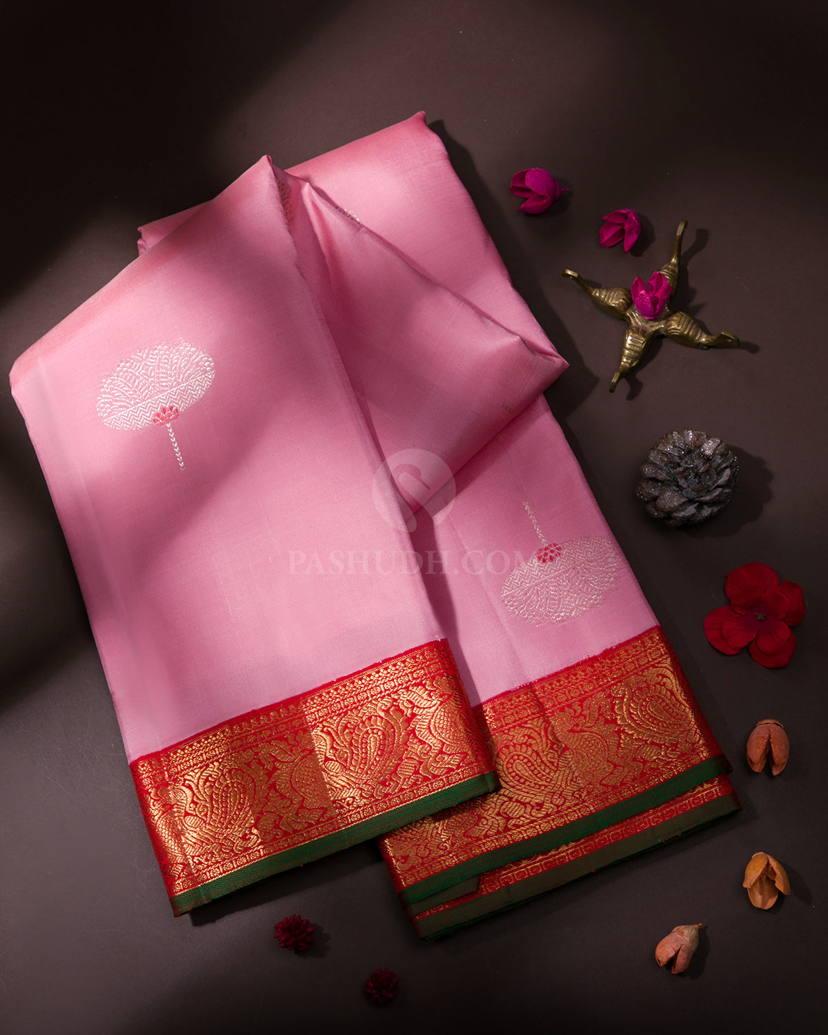 Pale Pink & Red Pure Zari Kanjivaram Silk Saree - S754 - View 1