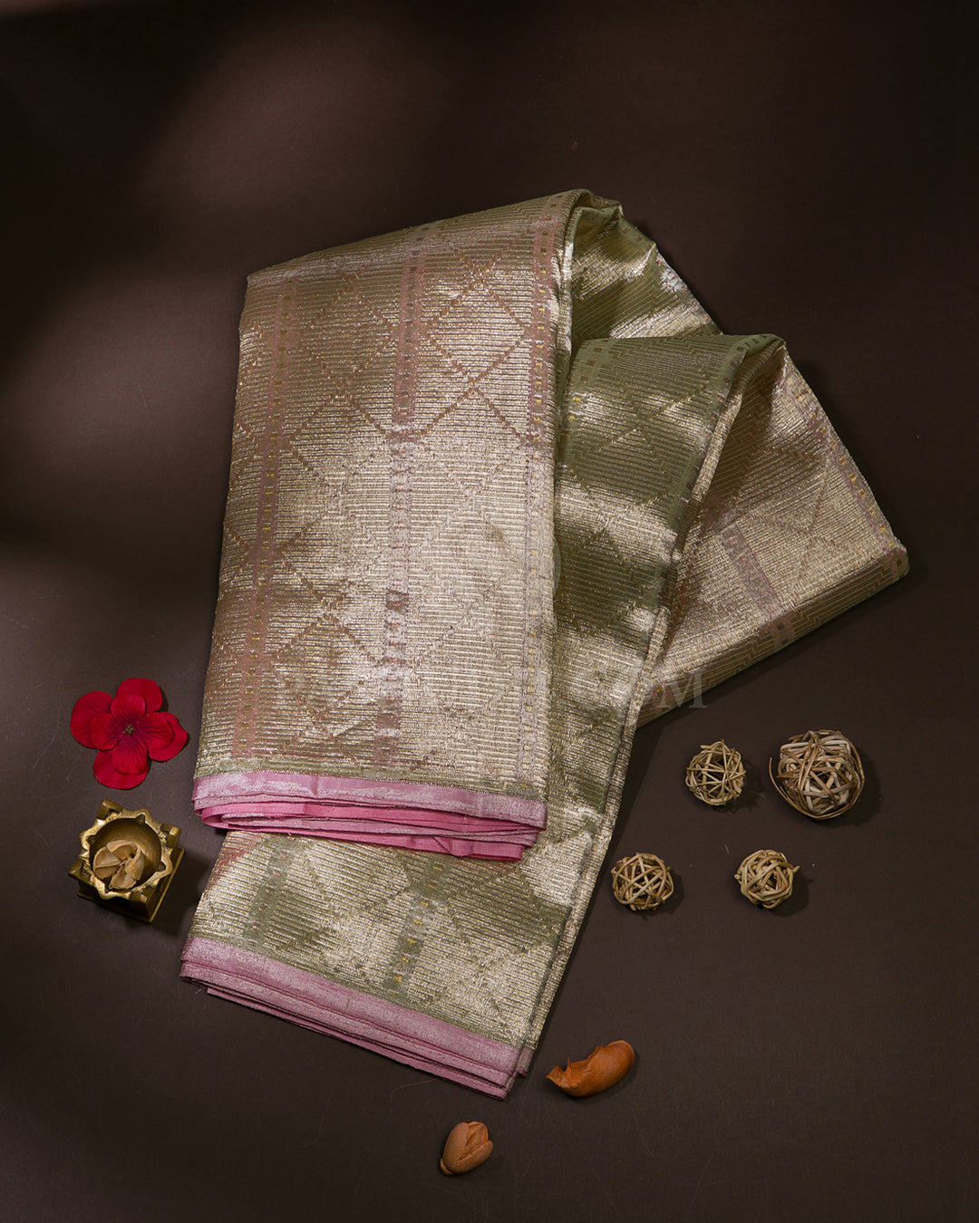 Mild Gold & Pink Organza Kanjivaram Silk Saree - S1124(A)