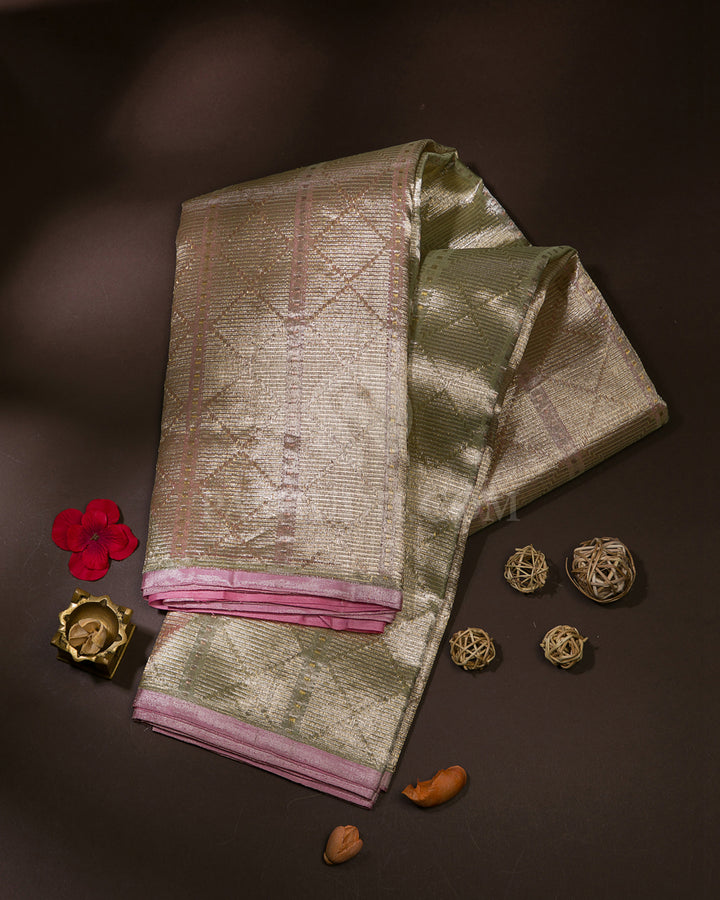 Mild Gold & Pink Organza Kanjivaram Silk Saree - S1124(A)