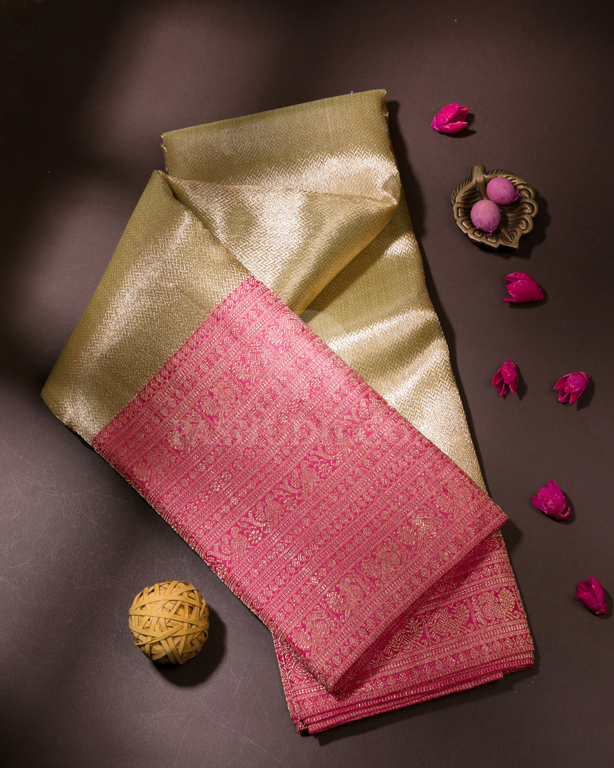 Gold & Mulberry Pink Organza Kanjivaram Silk Saree - S1038(A)