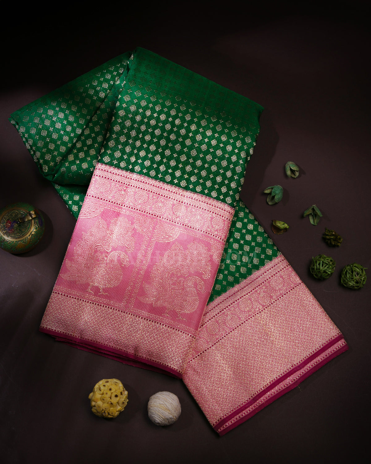 Emerald Green and Baby Pink Pure Zari Kanjivaram Silk Saree - S709 - View 1