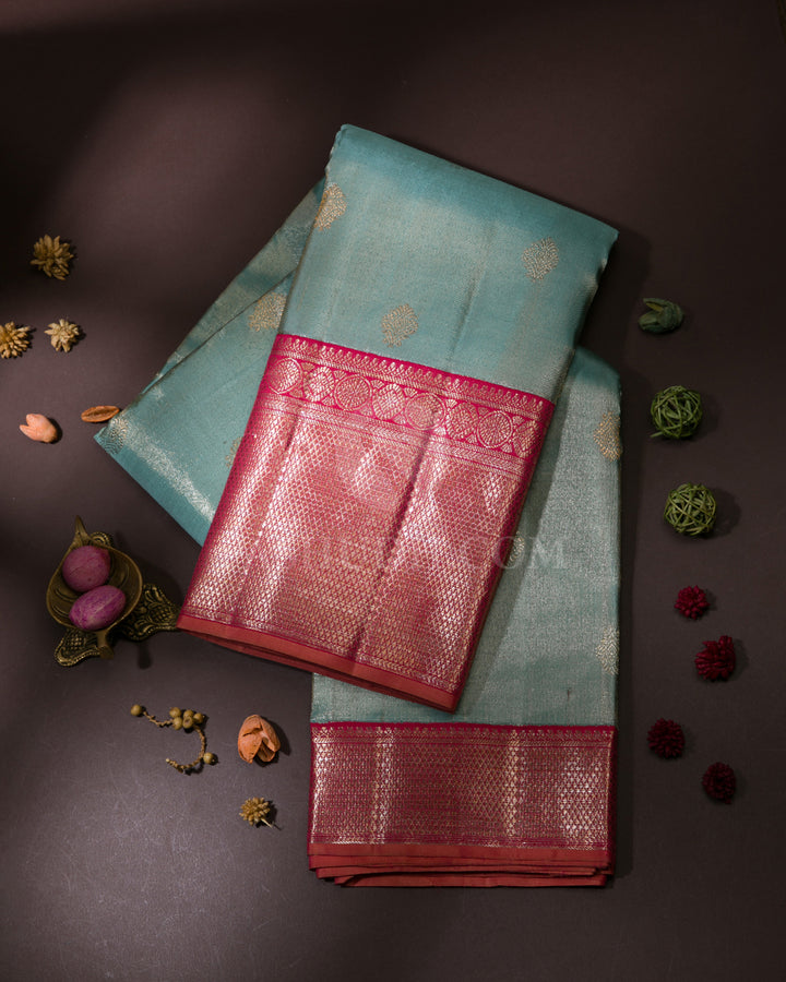 Powder Blue and Pinkish Red Kanjivaram Silk Saree - S1079(A)