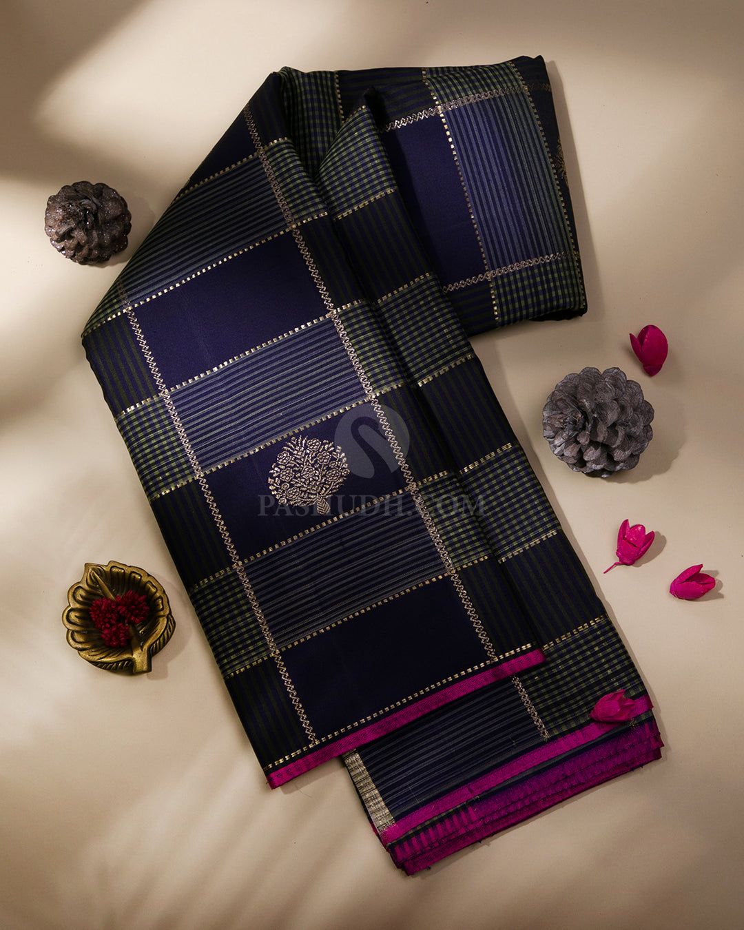 Deep Violet and Cream Borderless Kanjivaram Silk Saree - S729- View 1