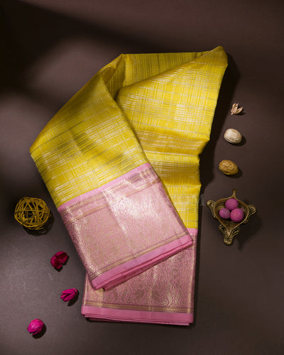 Corn Yellow & Baby Pink Kanjivaram Silk Saree - S1028(A) 