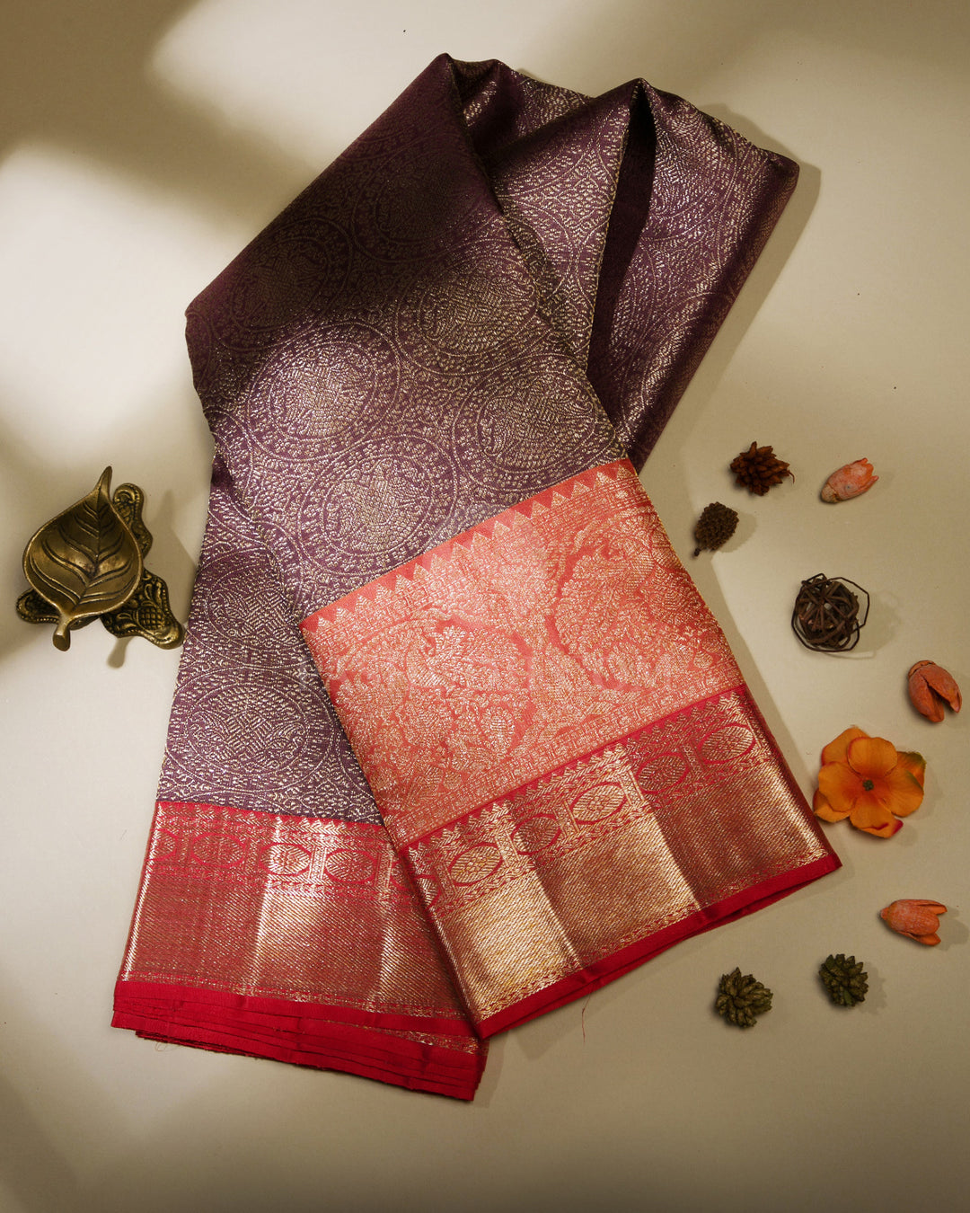 Wine and Orange Kanjivaram Silk Saree  - S704- View 1