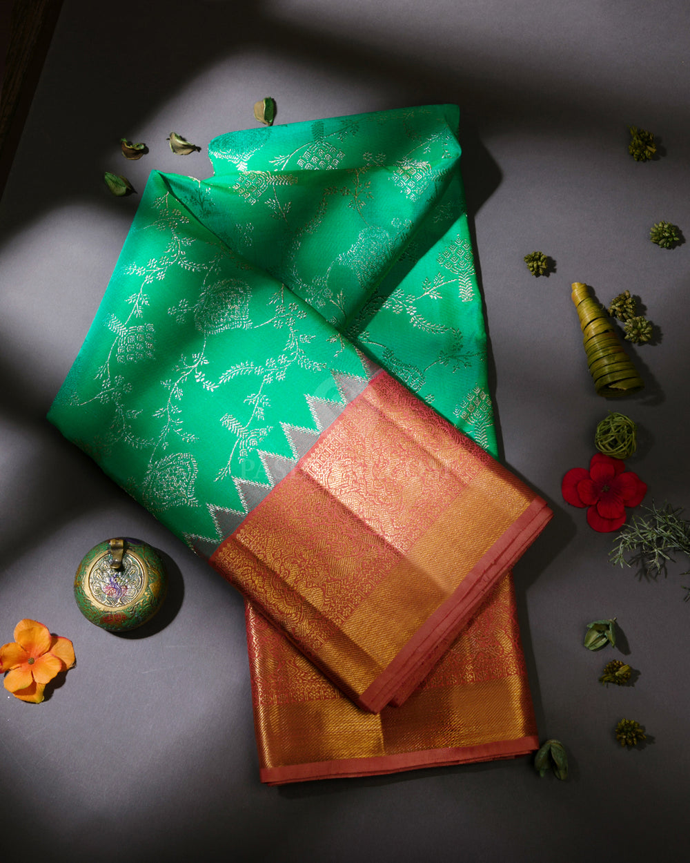 Parrot Green & Light Orange Pure Zari Kanjivaram Silk Saree - S838 -View 1