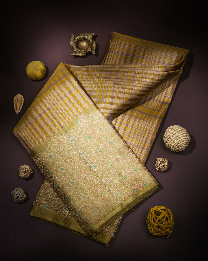 Grey & Olive Green Kanjivaram Silk Saree - S868 - View 1