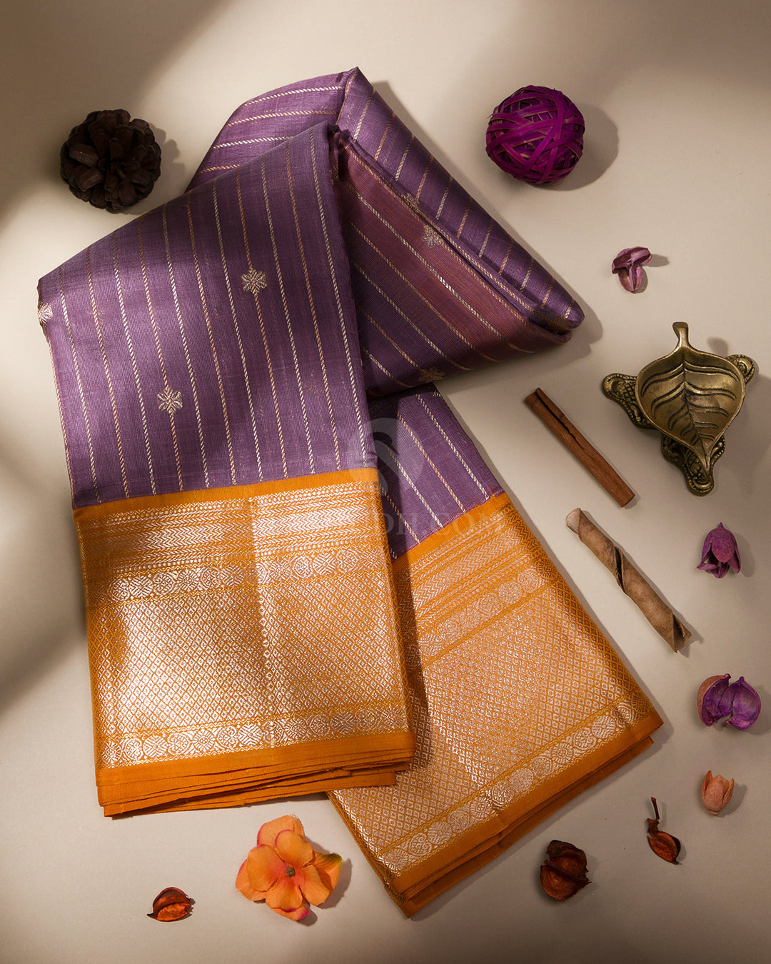Purple and Golden Orange Pure Zari Kanjivaram Silk Saree - S762 - View 1