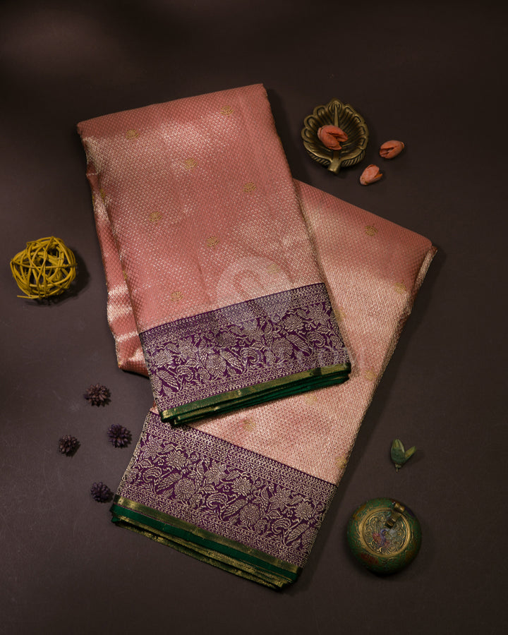 Peachy Pink & Violet Pure Zari Kanjivaram Silk Saree - P140(A) - View 1