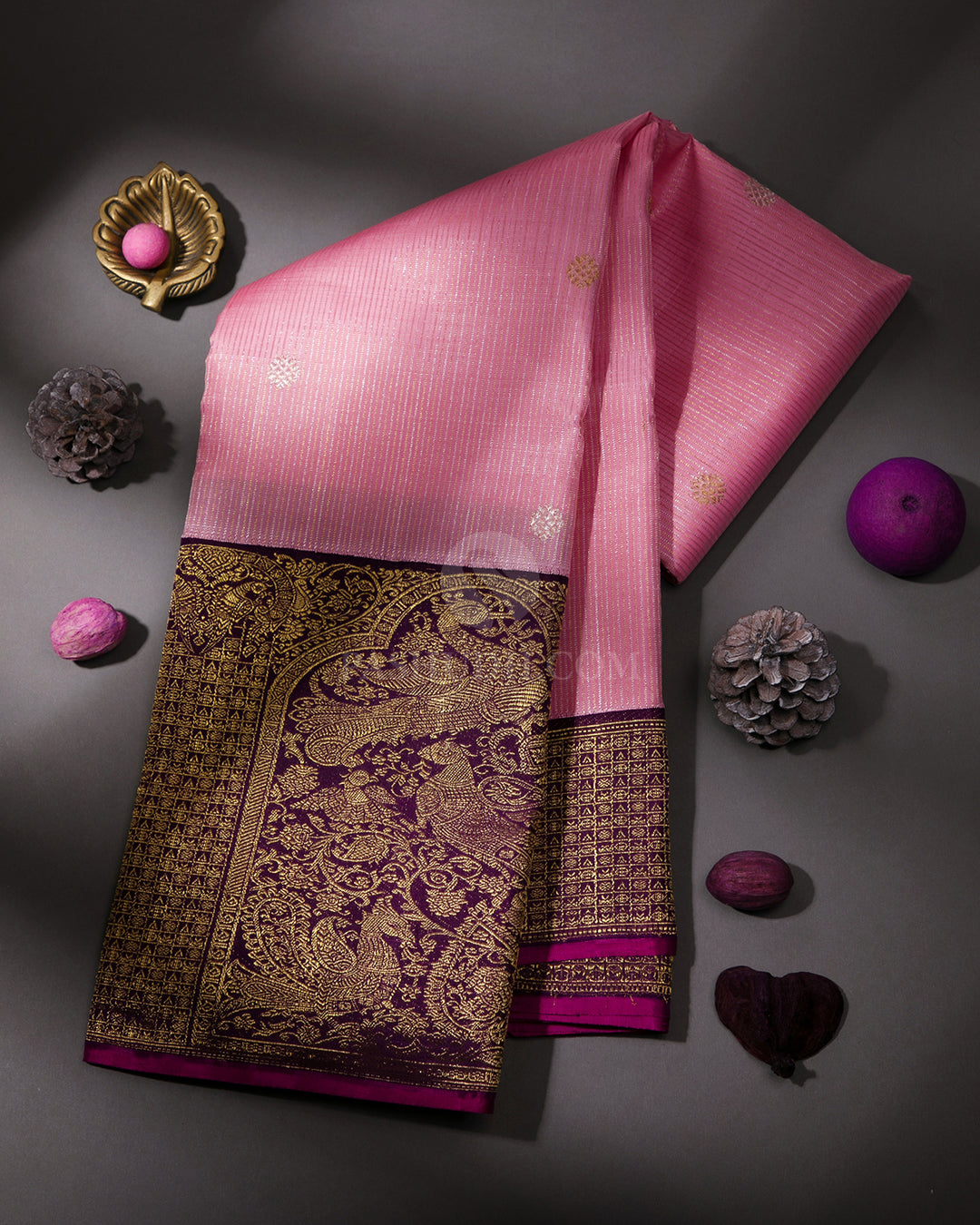 Baby Pink and Violet Pure Zari Kanjivaram SIlk Saree - P113 -View 1