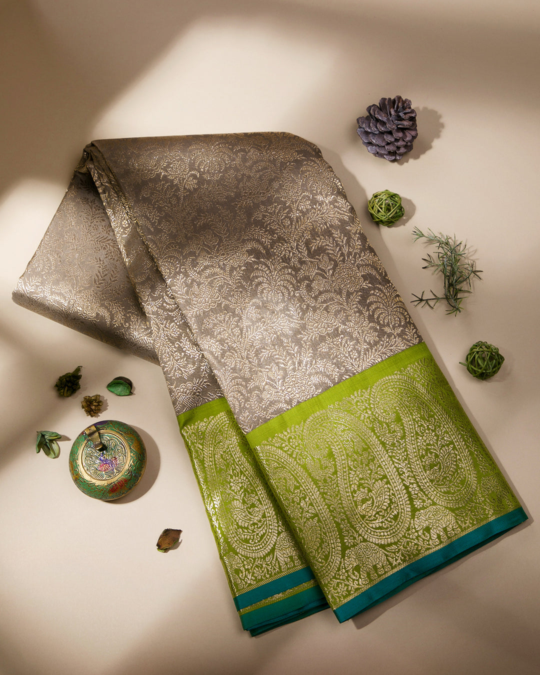 Grey and Mehendi Green Pure Zari Kanjivaram Silk Saree - S738 - View 1