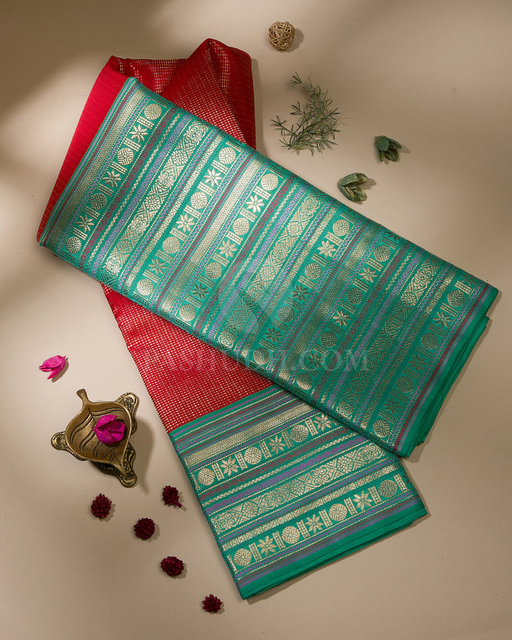 Red & Cyan Kanjivaram Silk Saree - S1080(C)