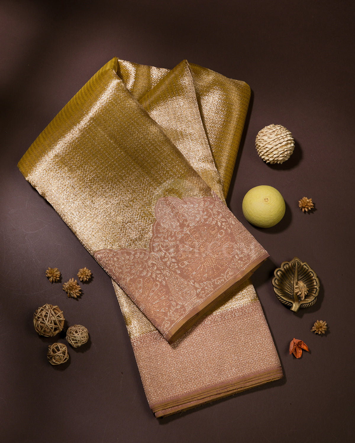Gold & Mild Chocolate Brown Organza Kanjivaram Silk Saree - S1021(A)