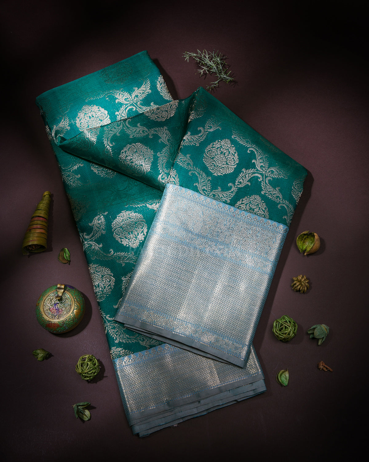Teal Green & Powder Blue Kanjivaram Silk Saree - S889 - View 1