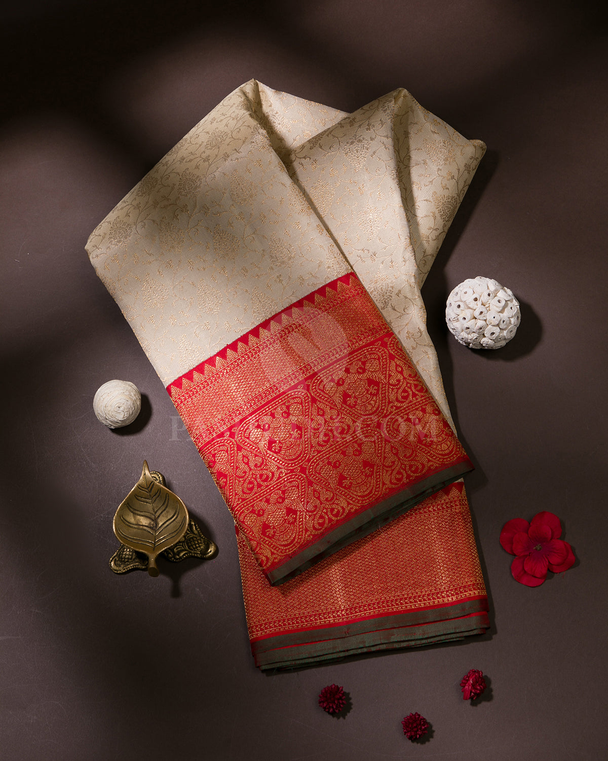 Cream / Ivory & Red Kanjivaram Silk Saree - S1019(A)