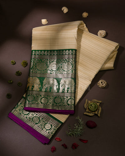 Cream & Forest Green Kanjivaram Silk Saree - S1013(C)