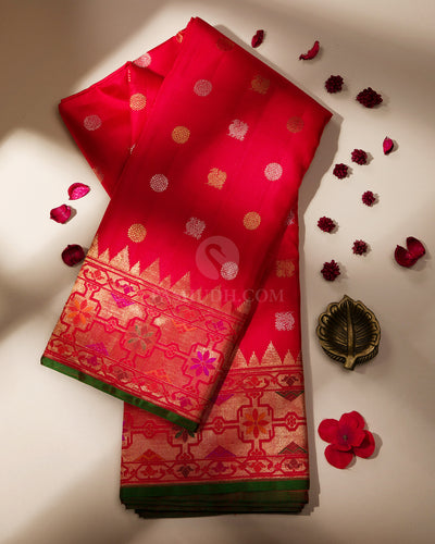 Dark Red and Green Pure Zari Kanjivaram Silk Saree - P114 - View 1