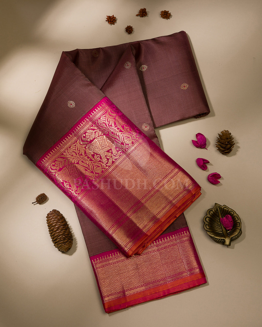 Mild Chocolate Brown & Rani Pink Kanjivaram Silk Saree - S1123(A)