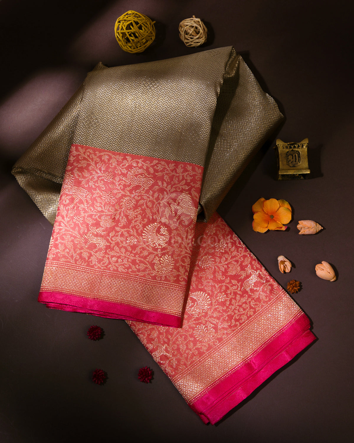 Khaki & Coral Pink Zari Kanjivaram Silk Saree - S823 - View 1