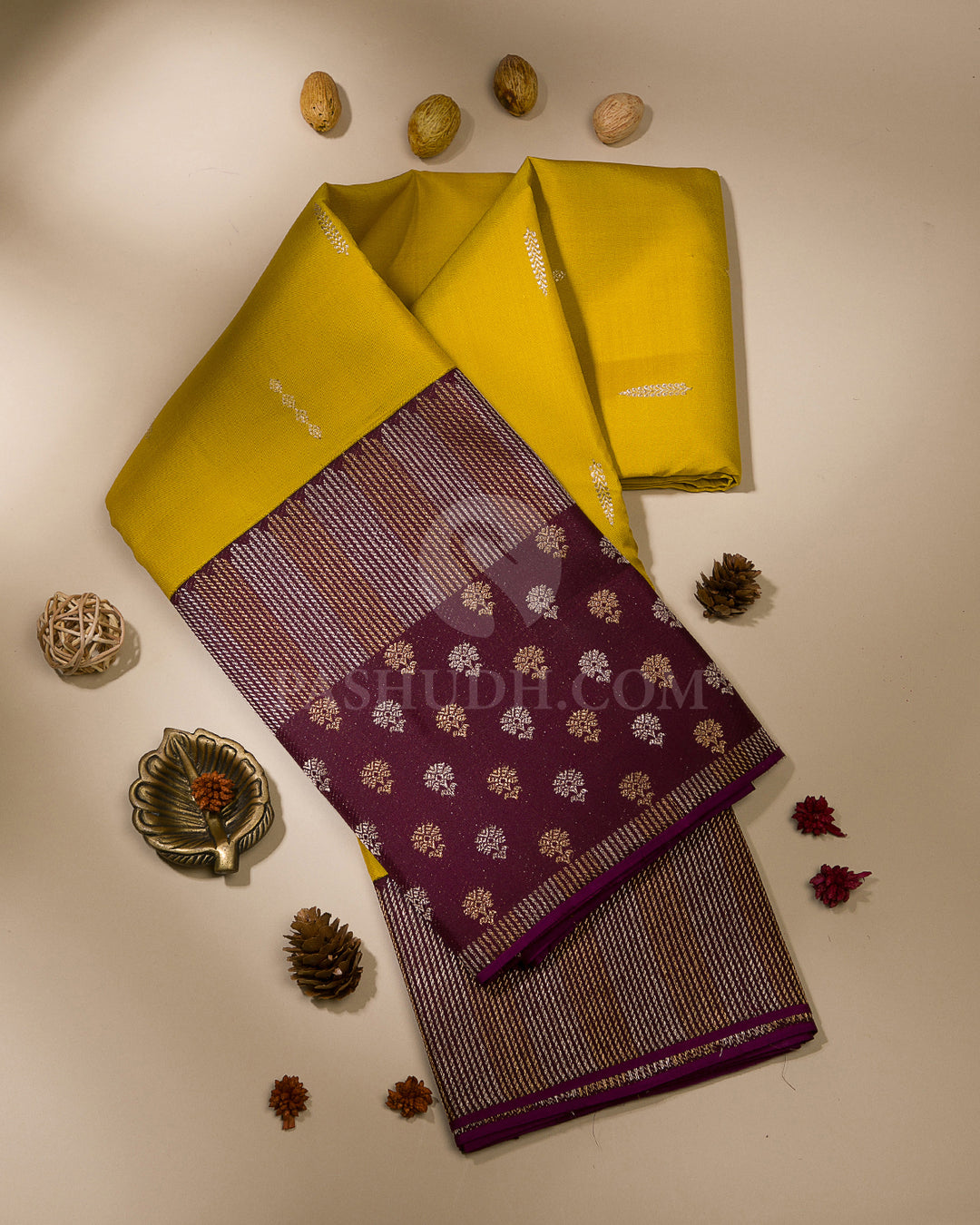 Yellow and Wine Kanjivaram Silk Saree - S1117(A)