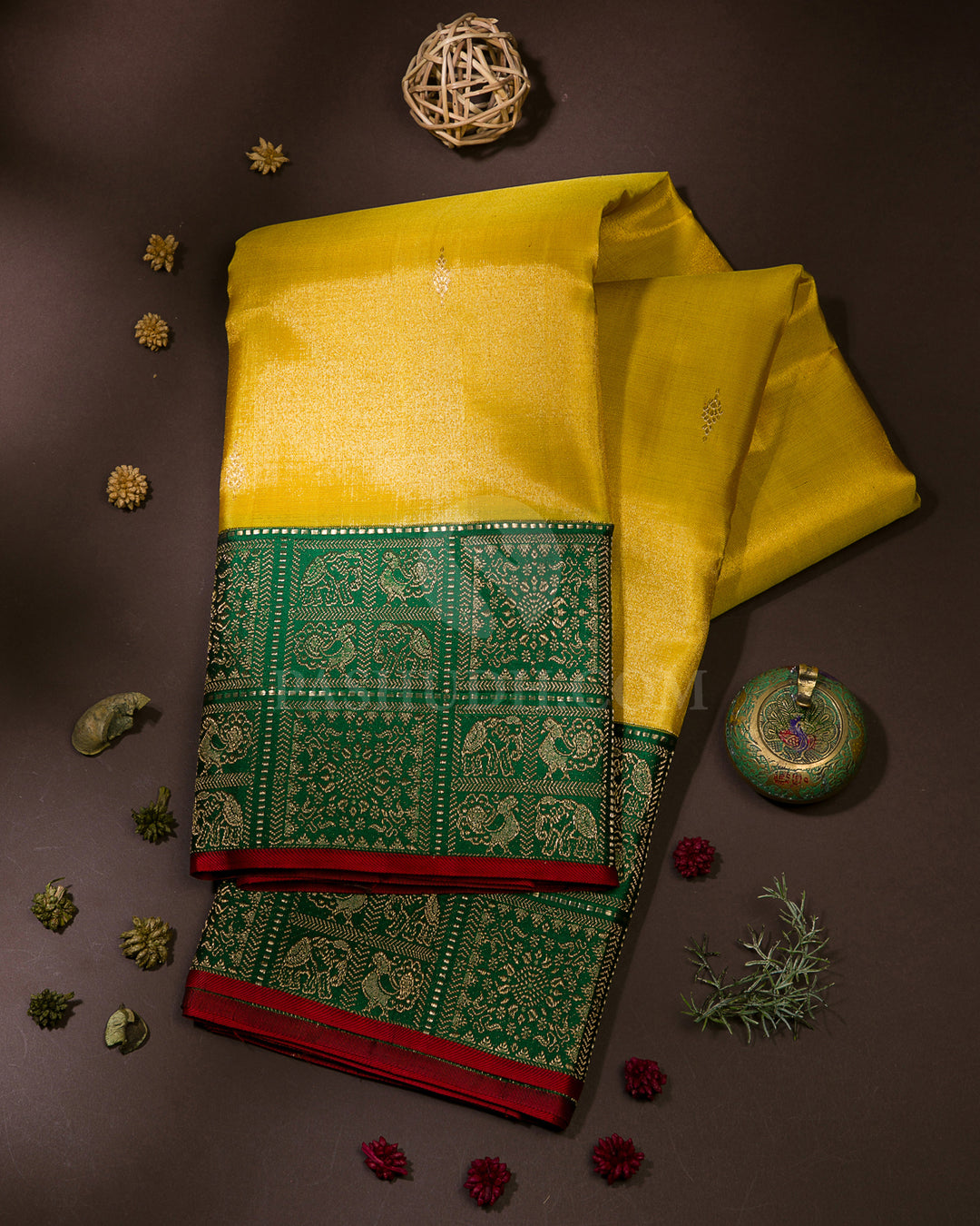 Golden Yellow & Dark Green Kanjivaram Silk Saree - S1137(A)