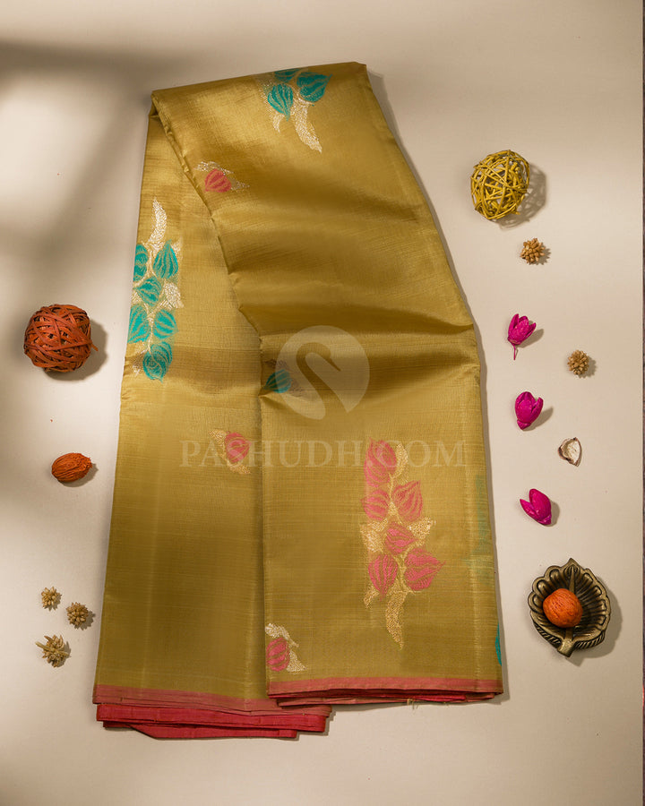 Flaxen Yellow & Rust Orange Organza Kanjivaram Silk Saree - S1025(A)