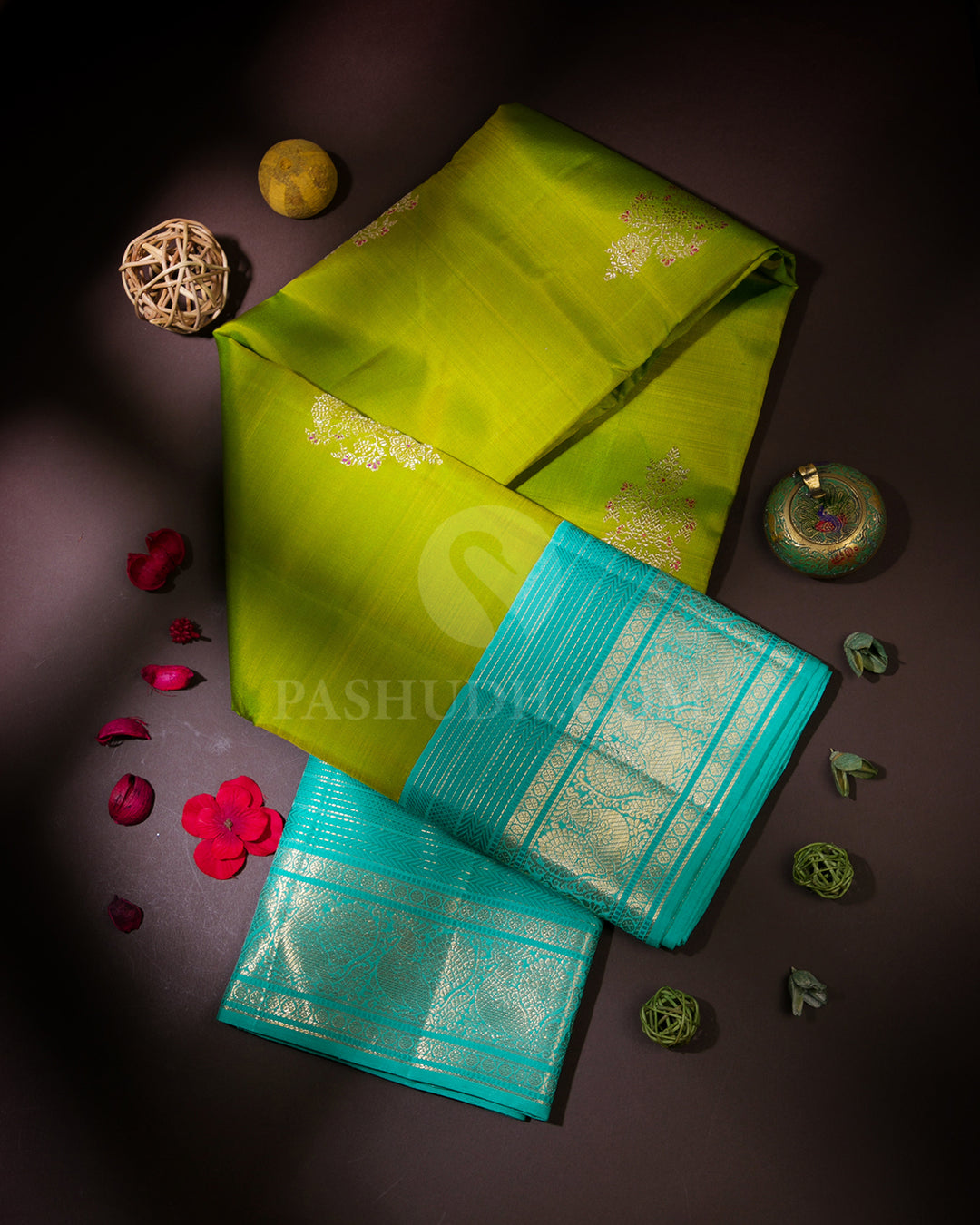Parrot Green & Aqua Kanjivaram Silk Saree - S904 